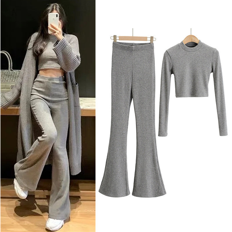 Sexy Women Knitting Midriff Baring Tops And High Waist Pants-Suits-Gray-S-Free Shipping Leatheretro