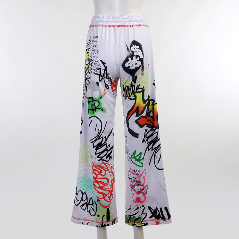 Casual Graffiti Print Wide Legs Pants for Women-Pants-The same as picture-S-Free Shipping Leatheretro