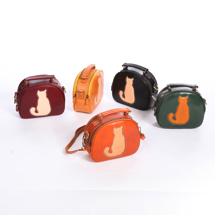 Cute Cat Design Handmade Vege Tanned Leather Bag for Women-Handbags-Wine Red-Free Shipping Leatheretro