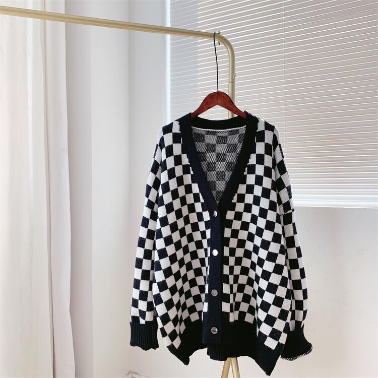 Women Chessboard Print Loose Knitting Cardigans-Shirts & Tops-Black-One Size-Free Shipping Leatheretro