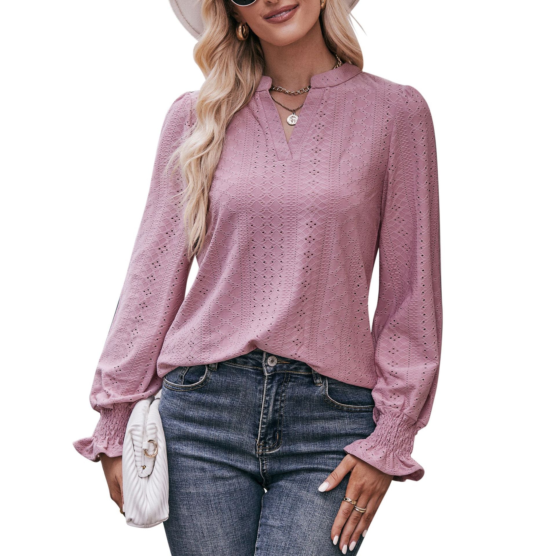 Casual V Neck Long Sleeves Fall Shirts-Shirts & Tops-Cameo-S-Free Shipping Leatheretro