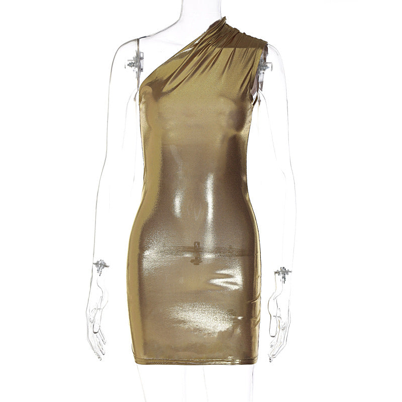 Sexy One Shoulder Sleeveless Sheath Mini Dresses-Dresses-Gold-S-Free Shipping Leatheretro