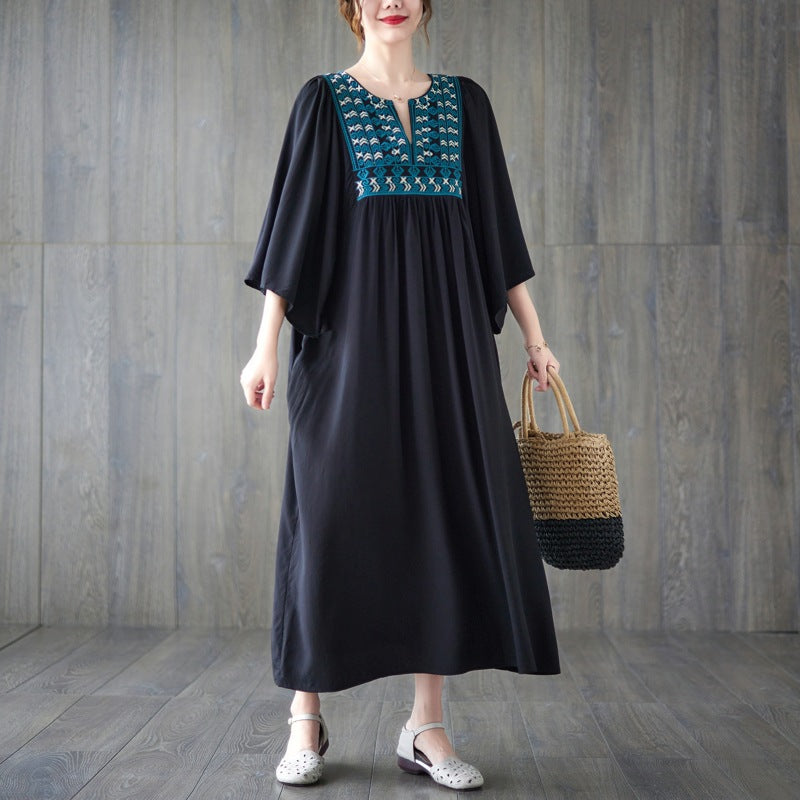 Vintage Embroidery Summer Plus Sizes Long Dresses-Dresses-Black-One Size-Free Shipping Leatheretro