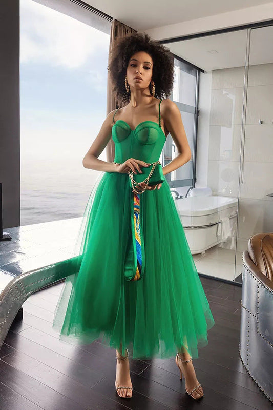 Green Tulle Shoulder Straps Party Dresses-Dresses-Green-S-Free Shipping Leatheretro