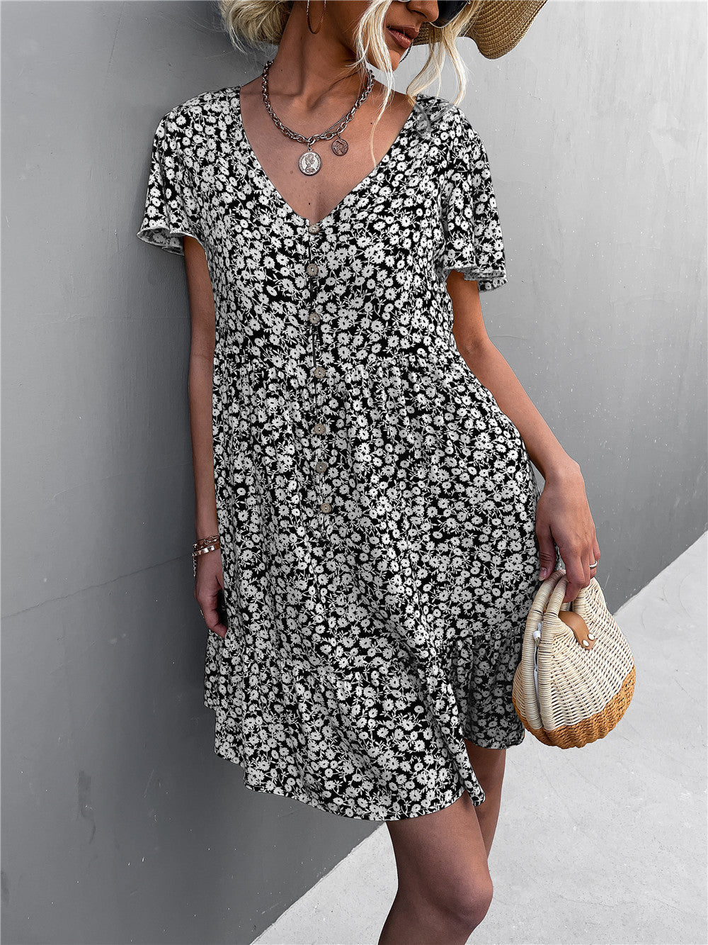 Leisure Floral Print Summer Short Dresses-Dresses-Black-S-Free Shipping Leatheretro