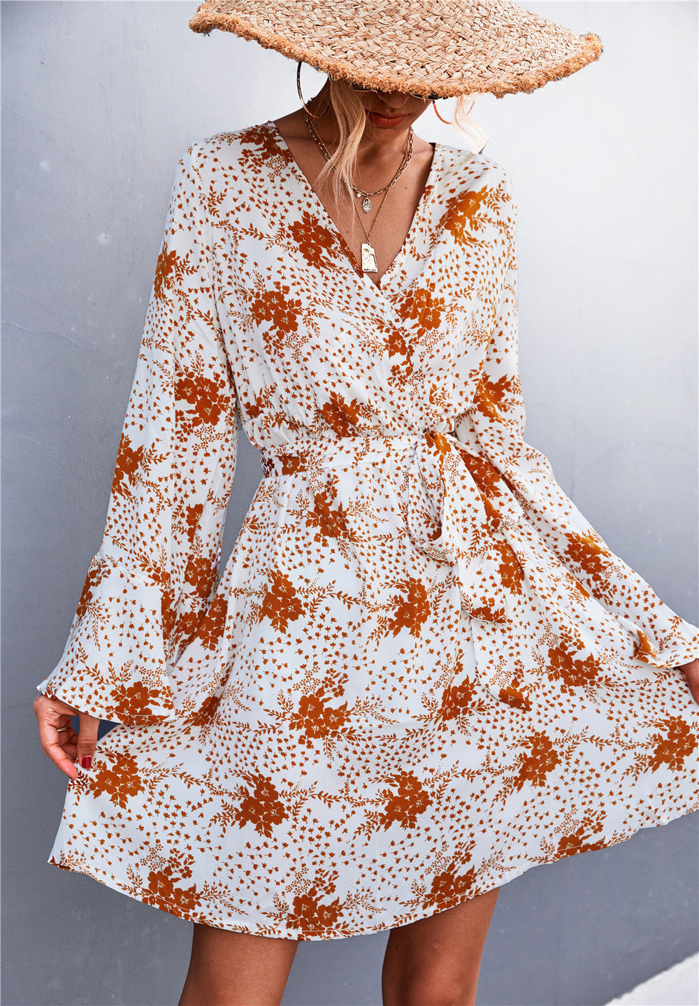 Casual Trumpet Sleeves Bangdage Dresses-Dresses-Apricot-S-Free Shipping Leatheretro