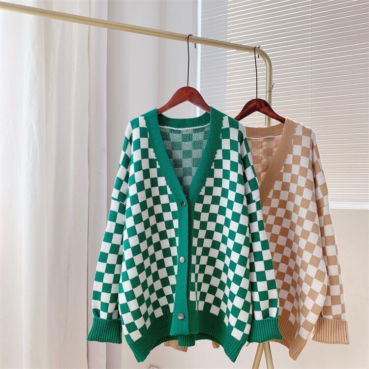 Women Chessboard Print Loose Knitting Cardigans-Shirts & Tops-Green-One Size-Free Shipping Leatheretro