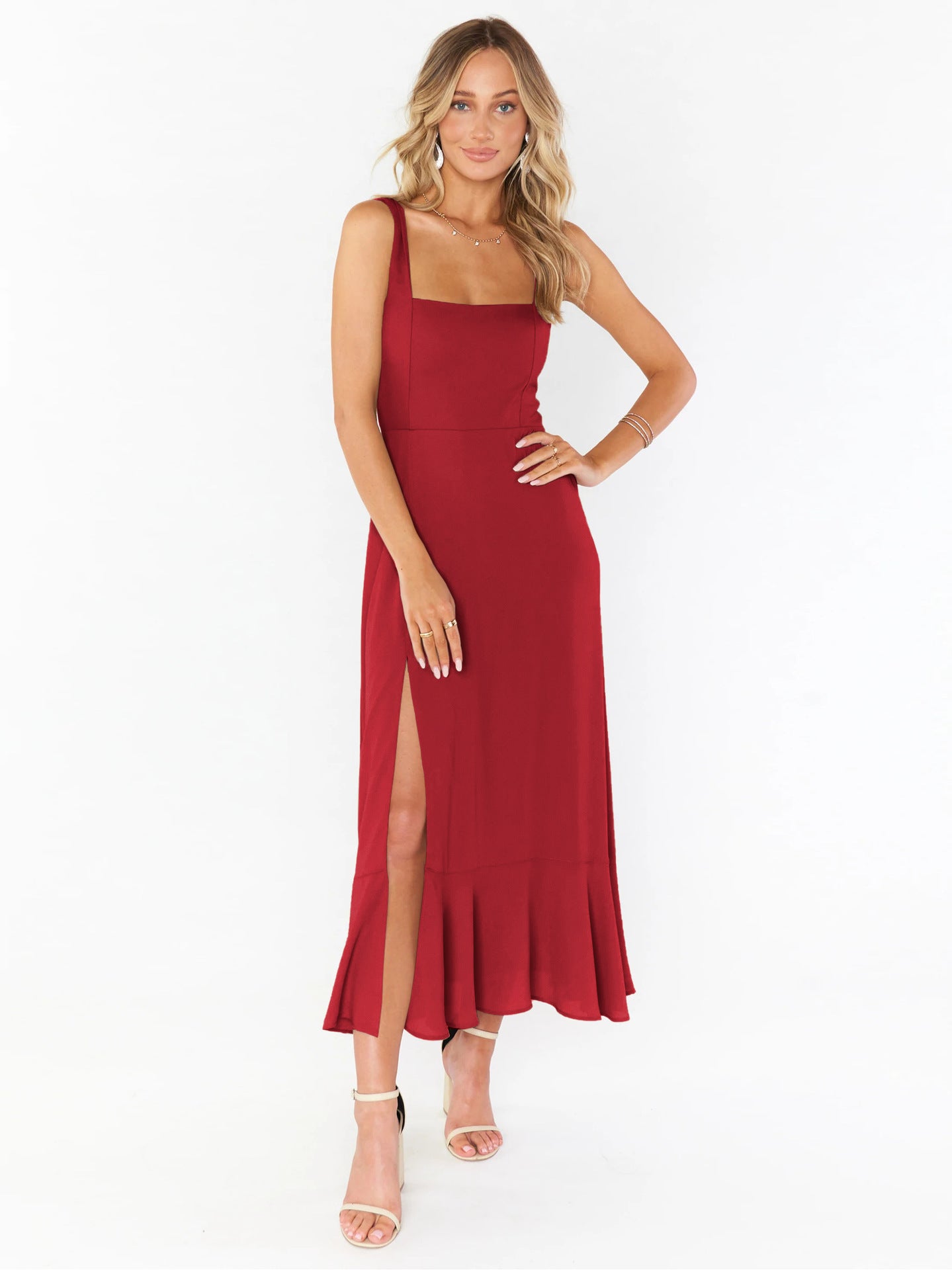 Fashion Summer Split Front Midi Dresses for Women-Dresses-Red-S-Free Shipping Leatheretro