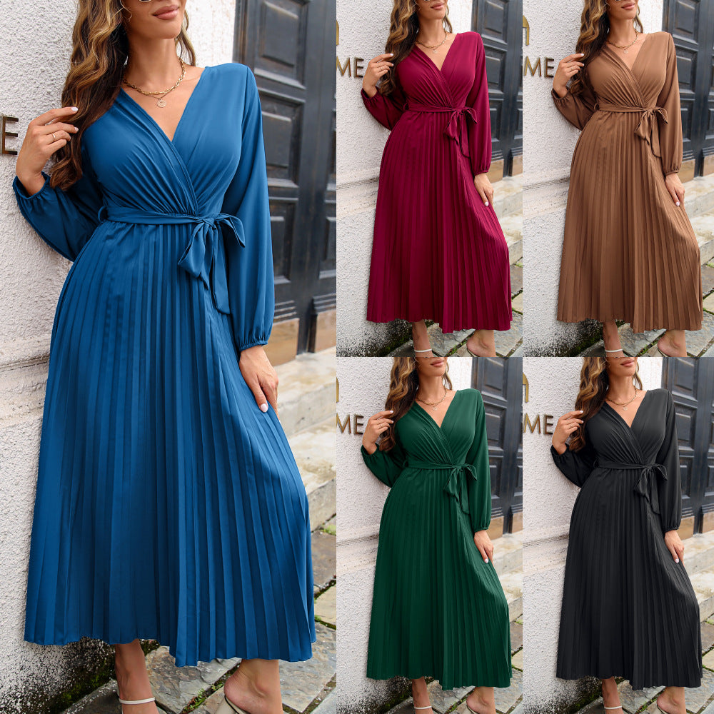 Women V Neck Long Sleeves Dresses-Dresses-Wine Red-S-Free Shipping Leatheretro