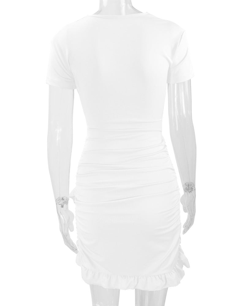 Sexy Deep V Neck Ruffled Bodycon Dresses-Dresses-White-S-Free Shipping Leatheretro