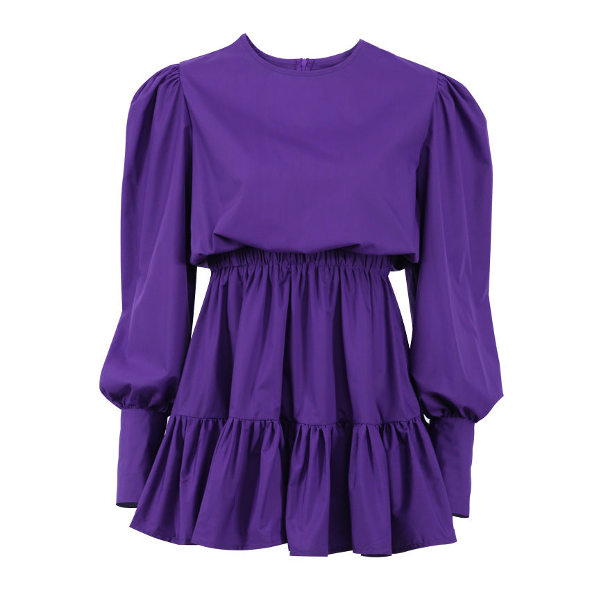 Vintage Long Sleeves Elastic Waist Short Dresses-Dresses-Purple-S-Free Shipping Leatheretro