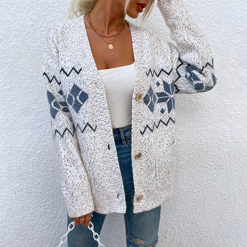 Fashion Christmas Flake Knitted Cardigan Coats-Shirts & Tops-Ivory-S-Free Shipping Leatheretro