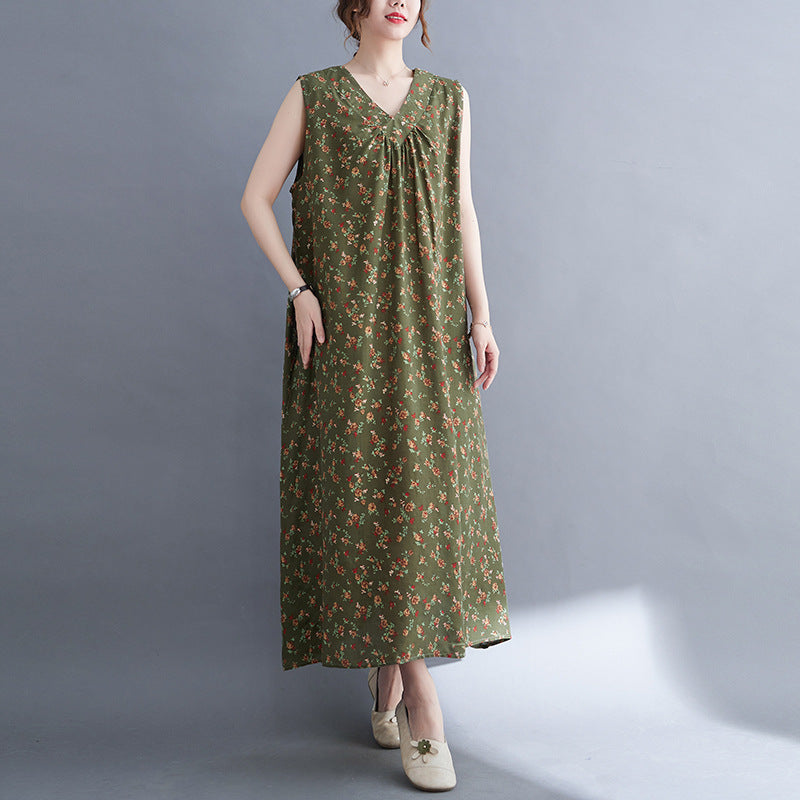Casual Summer Linen Plus Sizes Sleeveless Dresses-Dresses-Green-M【50-60 kg】-Free Shipping Leatheretro