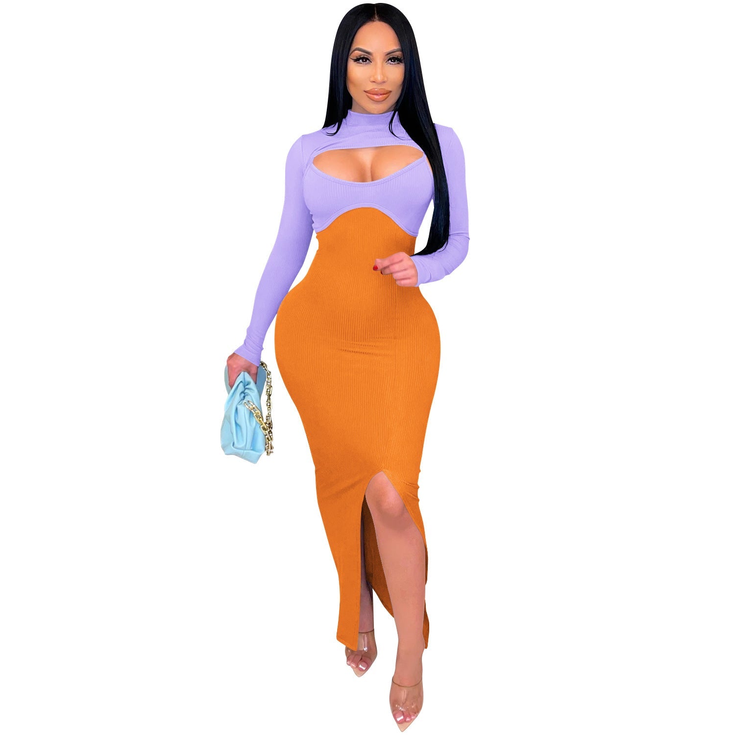 Sexy Constract Color Tight Dresses for Women-Dresses-Orange-S-Free Shipping Leatheretro