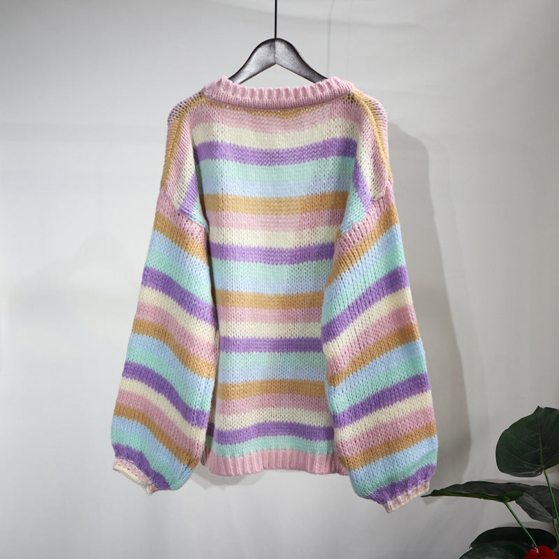 Colorful Striped Women Knitted Cardigan Outerwear-Shirts & Tops-Pink-One Size-Free Shipping Leatheretro