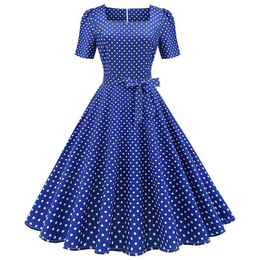 Short Sleeve Square Neckline Print Dot Dresses-Vintage Dresses-1-S-Free Shipping Leatheretro