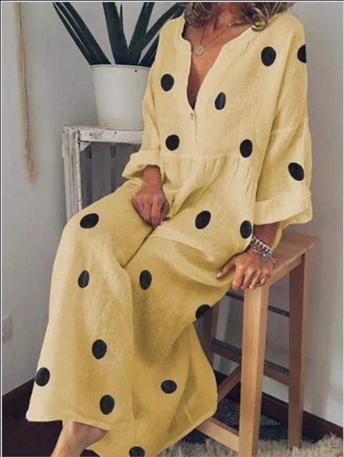 Linen V Neck Dot Print Long Sleeves Dresses-Boho Dresses-Yellow-S-Free Shipping Leatheretro