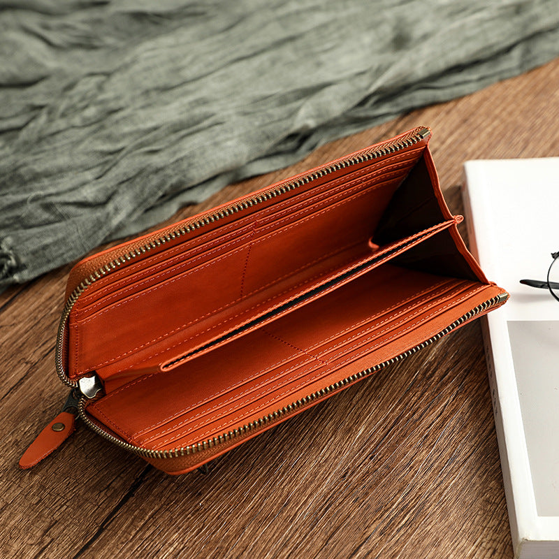 Vintage Vege Tanned Leather Long Zipper Wallets 19055-Handbags, Wallets & Cases-Black-Free Shipping Leatheretro