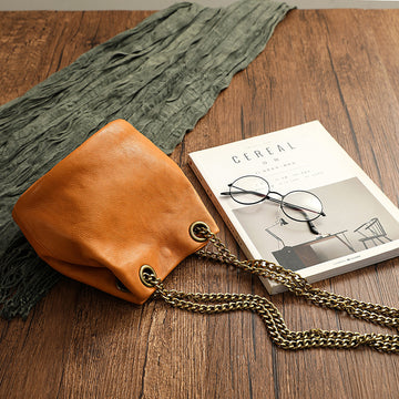 Vintage Vege Tanned Leather Bucket Bag with Chains 21032-Yellow-Free Shipping Leatheretro