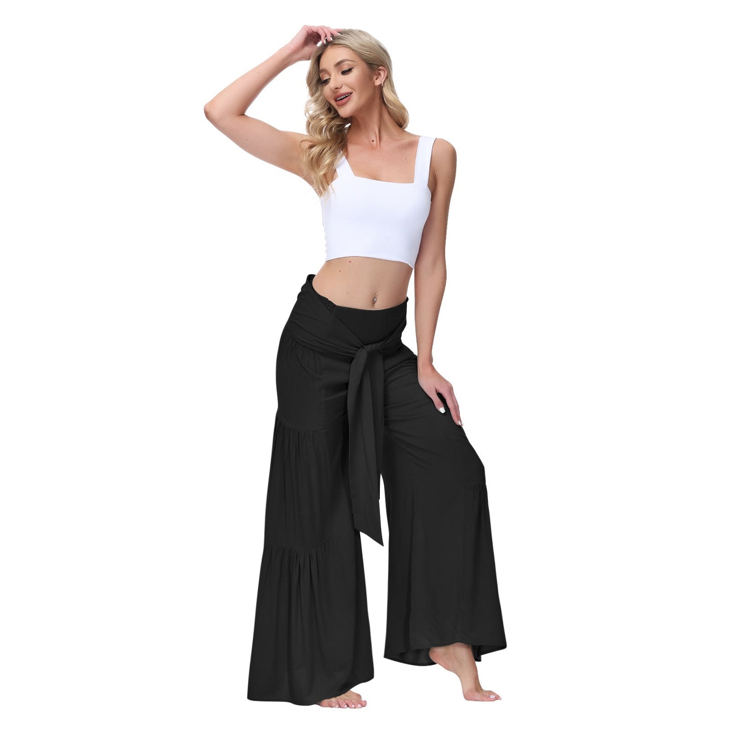 Casual Elastic Waist Wide Legs Pants-Women Bottoms-Black-S-Free Shipping Leatheretro