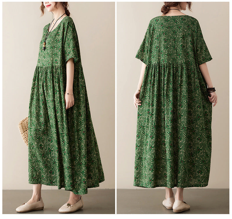 Vintage Leaf Print Plus Sizes Women Dresses-Dresses-Green-One Size-Free Shipping Leatheretro