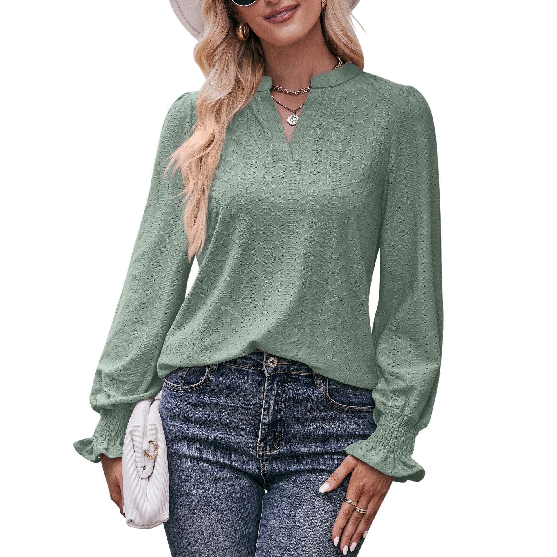 Casual V Neck Long Sleeves Fall Shirts-Shirts & Tops-Green-S-Free Shipping Leatheretro