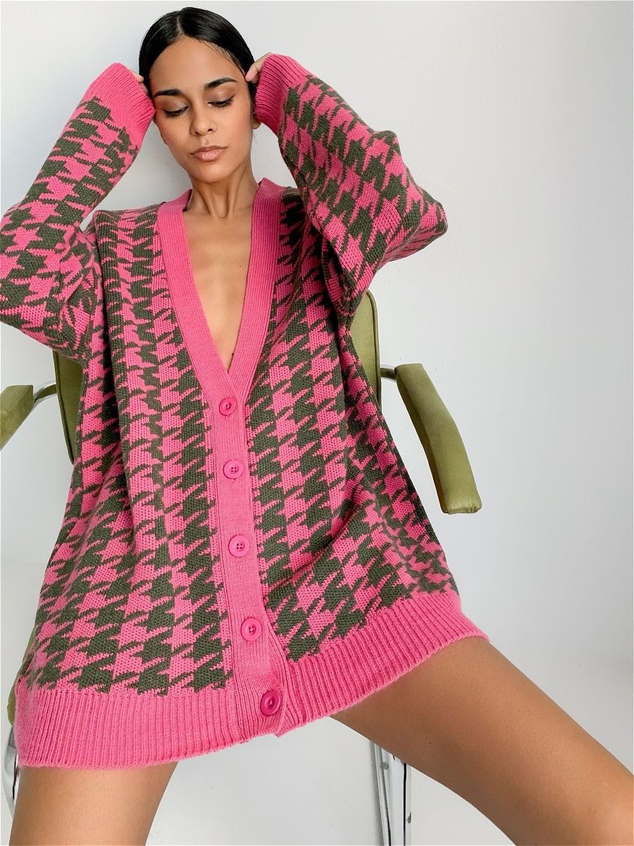 Women V Neck Knitting Plaid Long Sleeves Cardigan Overcoat-Women Sweaters-Rose Red-S-Free Shipping Leatheretro