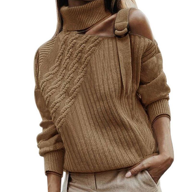 Casual Turtleneck Knitted Women Sweaters-Shirts & Tops-Khaki-S-Free Shipping Leatheretro