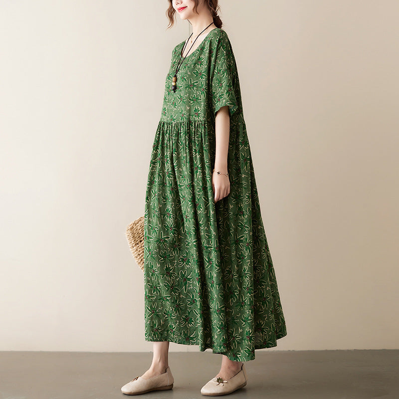 Vintage Leaf Print Plus Sizes Women Dresses-Dresses-Green-One Size-Free Shipping Leatheretro