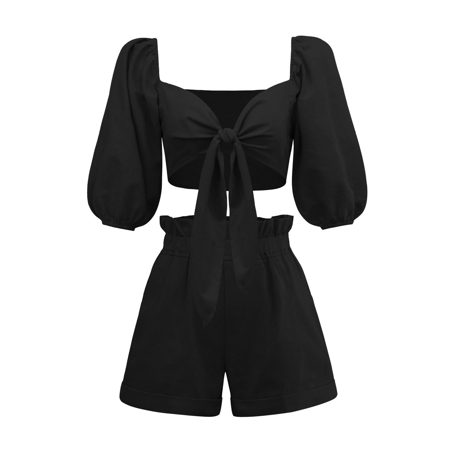 Casual Short Midriff Baring Tops and Shorts Sets for Women-Suits-Black-S-Free Shipping Leatheretro