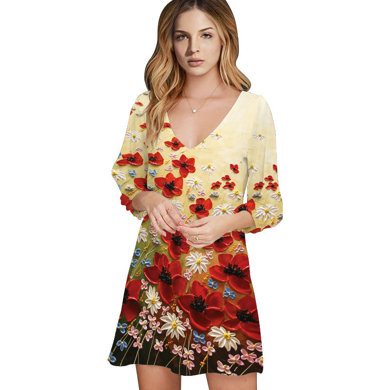 Casual Floral Print 3/4 Length Sleeves Short Dresses-Dresses-8130-17-S-Free Shipping Leatheretro