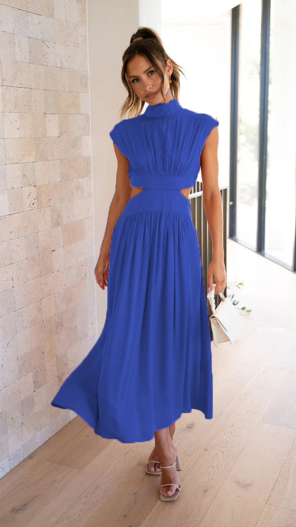 Fashion Stand Collar Waist Baring Summer Long Dresses-Dresses-Blue-S-Free Shipping Leatheretro