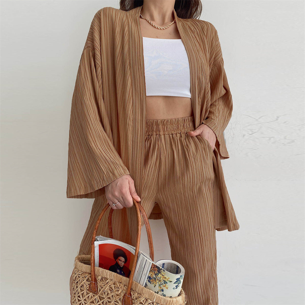 Casual Long Sleeves Tops & Wide Legs Pants Women 2Pcs Sets-Suits-Brown-S-Free Shipping Leatheretro