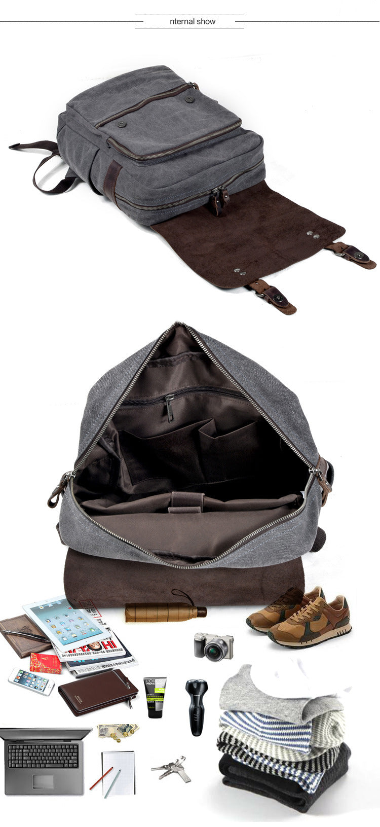 Vintage Cusual Traveling Leather Canvas Laptop Backpack 5073-Backpacks-Coffee-Free Shipping Leatheretro