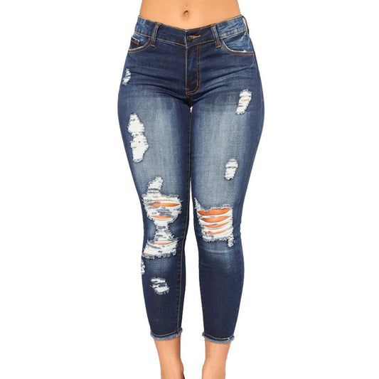 Leisure High Waist Broken Hole Women Denim Jeans-Pants-Dark Blue-S-Free Shipping Leatheretro