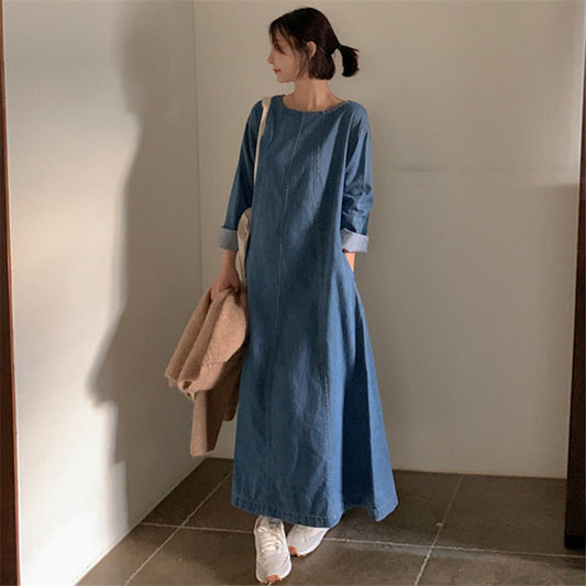 Casual Simple Design Denim Long Cozy Dresses-Dresses-Blue-S-Free Shipping Leatheretro