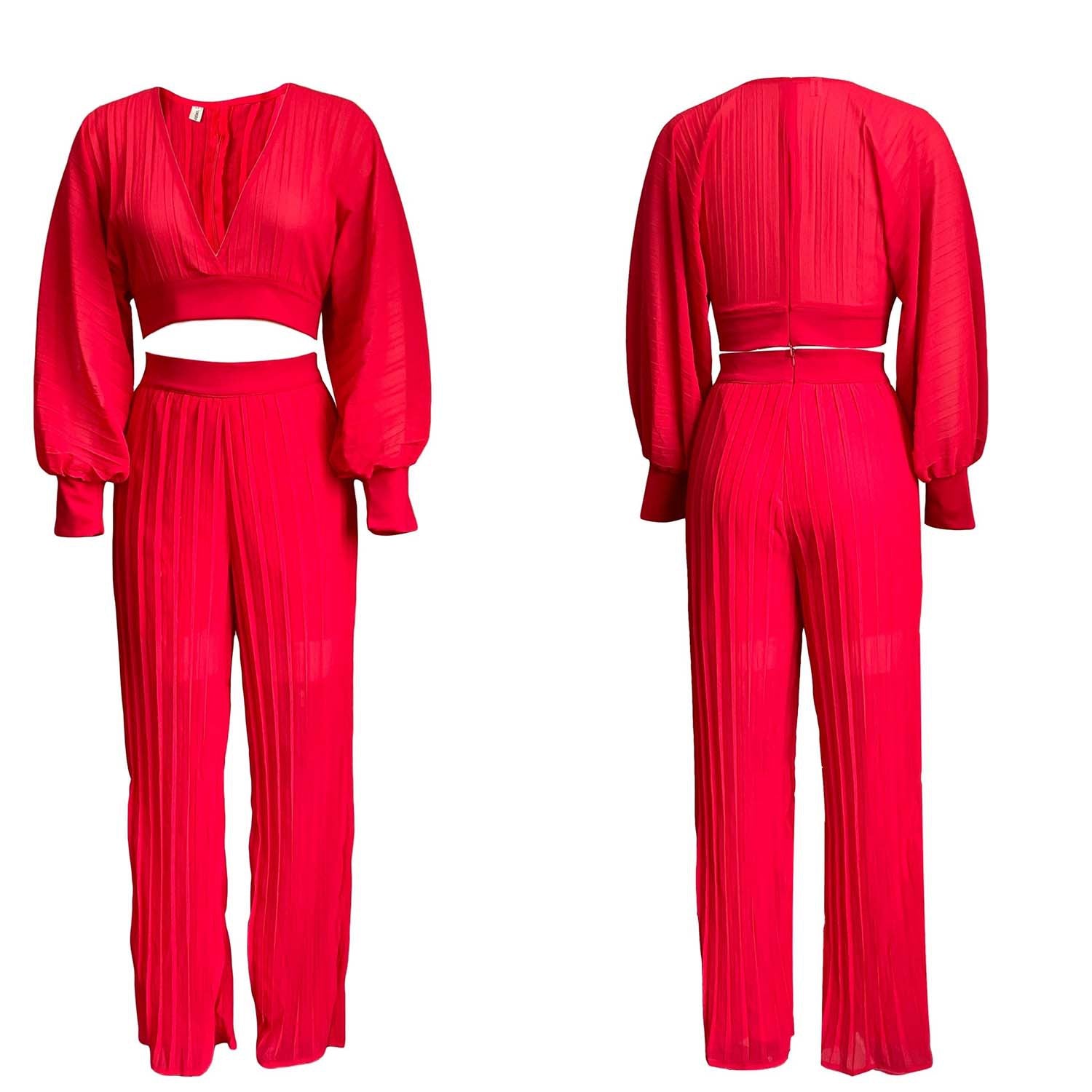 Sexy Women Two Pieces Long Sleeves Short Tops and Wide Legs Pants-Suits-Red-S-Free Shipping Leatheretro