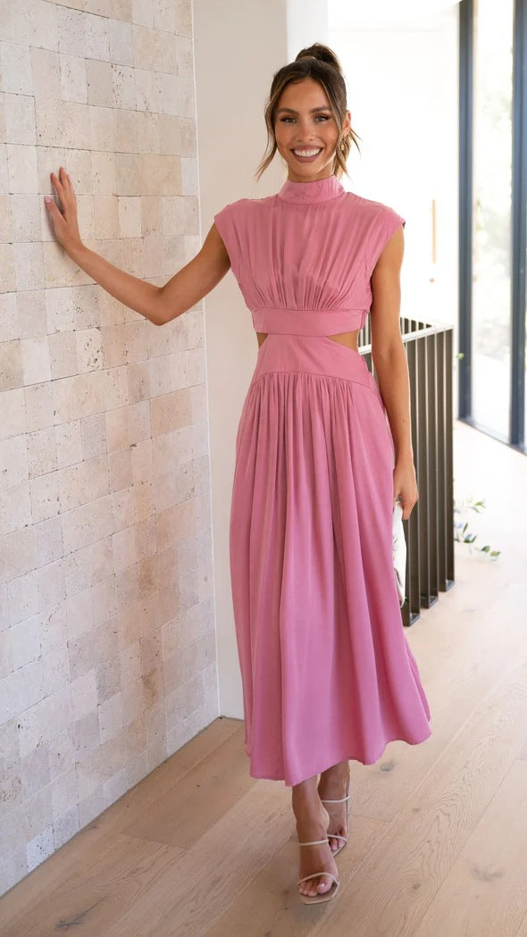 Fashion Stand Collar Waist Baring Summer Long Dresses-Dresses-Green-S-Free Shipping Leatheretro