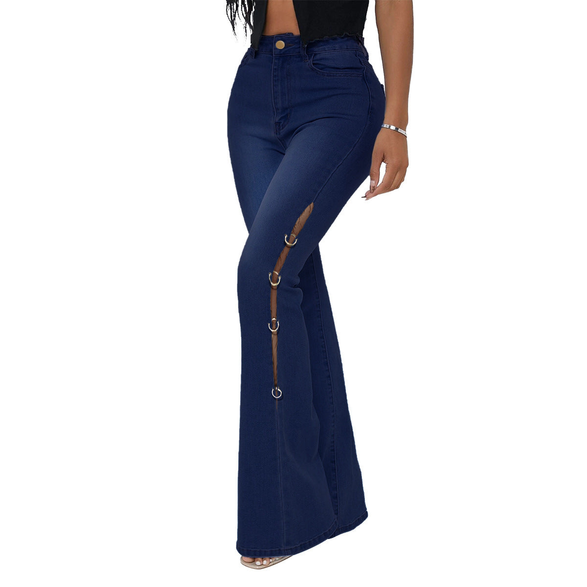 Fashion Metal Denim Women Trumpet Jeans-Pants-Dark Blue-S-Free Shipping Leatheretro