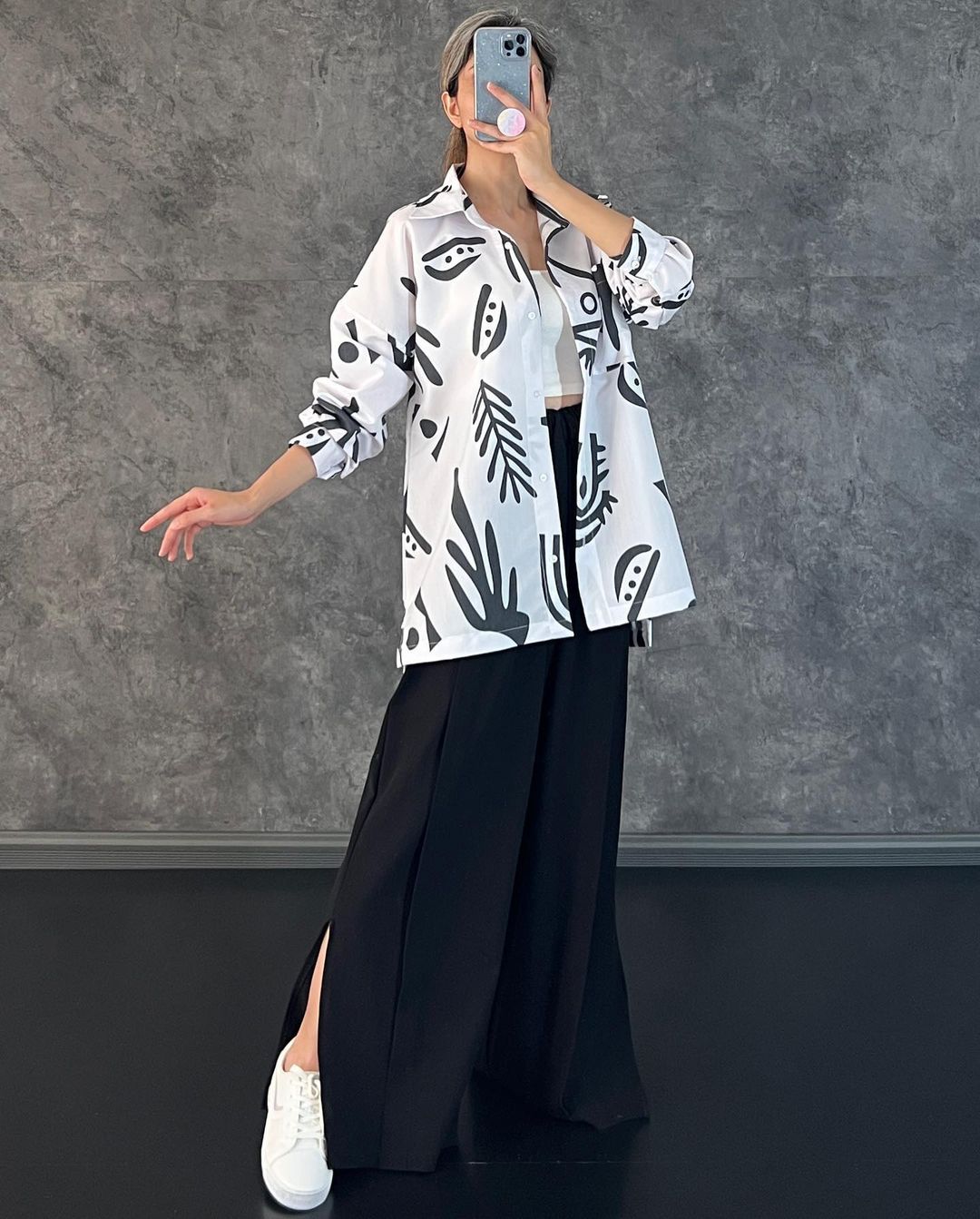 Casual Floral Print Long Sleeves Shirts & High Waist Pants-Suits-Black-M-Free Shipping Leatheretro