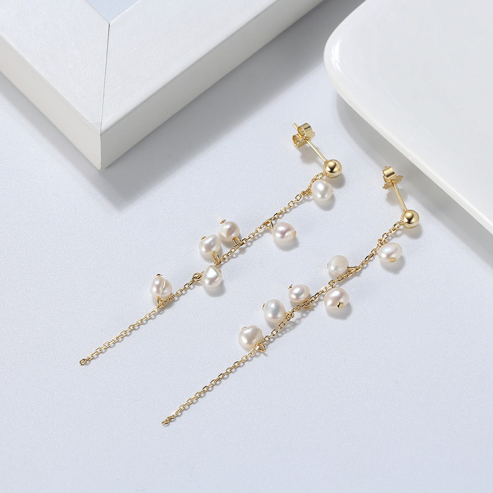 String Beads Pearl Gold Plated Sterling Silver Drop Earrings-Earrings-The same as picture-Free Shipping Leatheretro