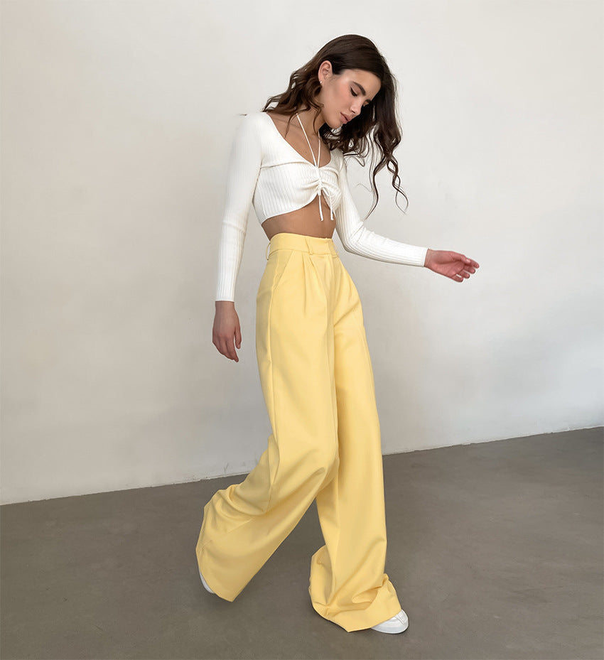 Casual High Waist Wide Legs Long Pants for Women-Pants-Yellow-S-Free Shipping Leatheretro