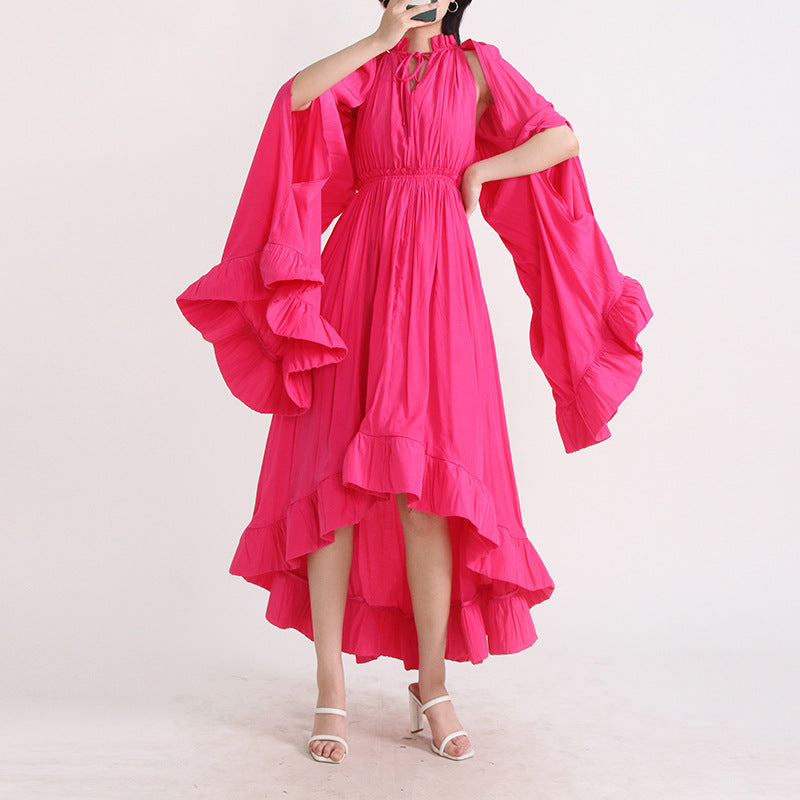 Designed V Neck Ruffled Long Sleeves Cloak Dresses-Dresses-Rose Red-S-Free Shipping Leatheretro