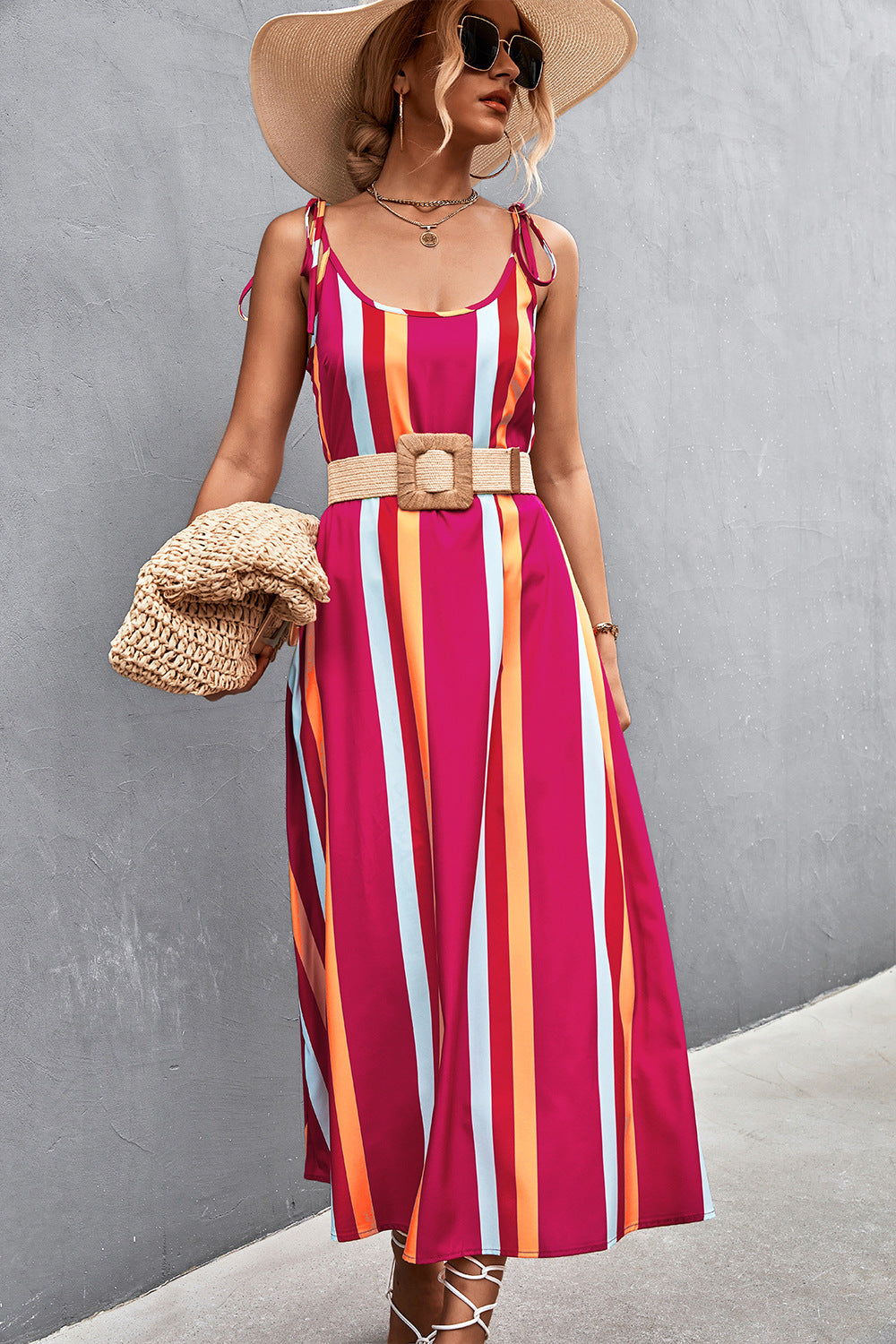 Sexy Backless Striped Long Sleeveless Dresses-Dresses-Rose Red-S-Free Shipping Leatheretro
