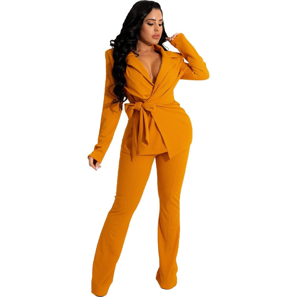Casual Deep V Neck Women Two Pieces Outfit Sets-Suits-Yellow-S-Free Shipping Leatheretro