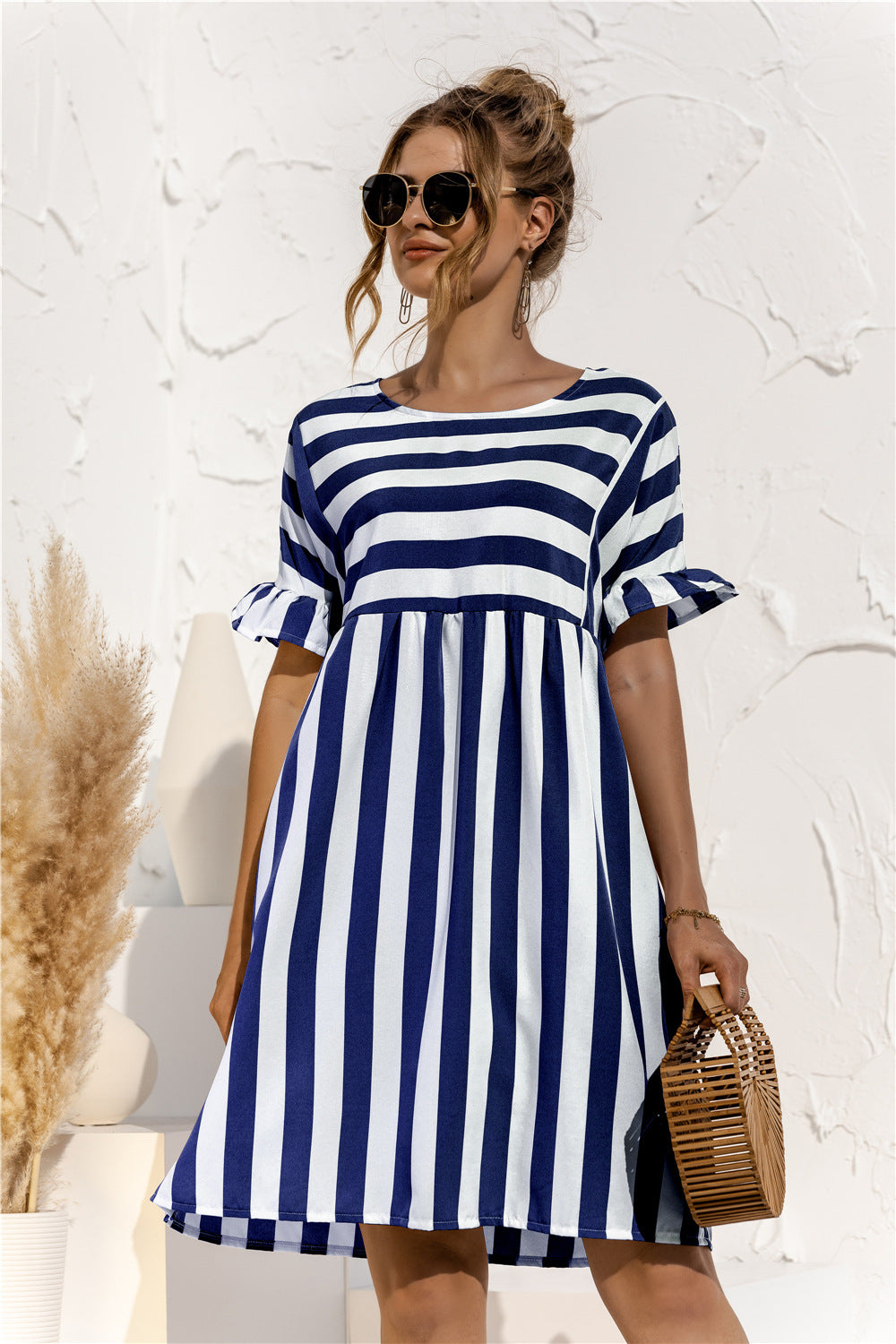 Casual Striped Short Sleeves Summer Daily Dresses-Dresses-Navy Blue-S-Free Shipping Leatheretro