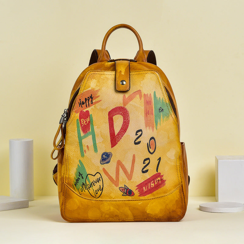 Vintage Graffiti Leather Backback for Women C313-Leatehr Backpack-Yellow-Free Shipping Leatheretro