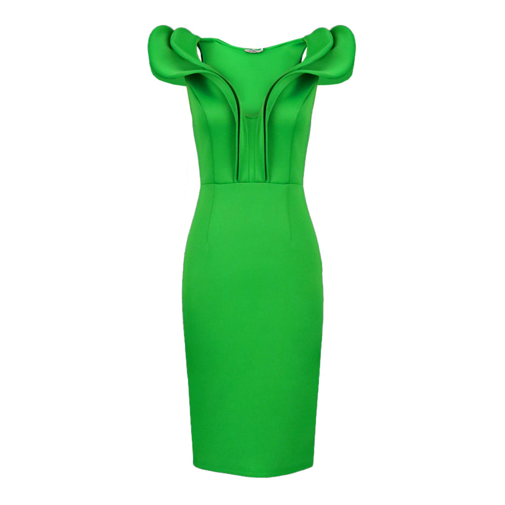 Green V Neck Ruffled High Waist Party Dresses-Dresses-Green-S-Free Shipping Leatheretro