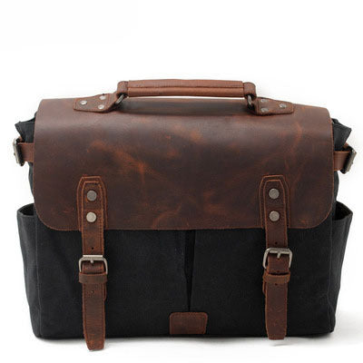 Vintage Waxed Leather Canvas Crossbody Bags for Men 1696-Leather Canvas Bag-Black-Free Shipping Leatheretro