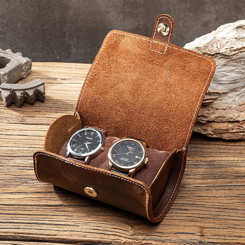 Vintage Round Leather Watch Cases-Leather Cases-Coffee-2 Pieces-Free Shipping Leatheretro